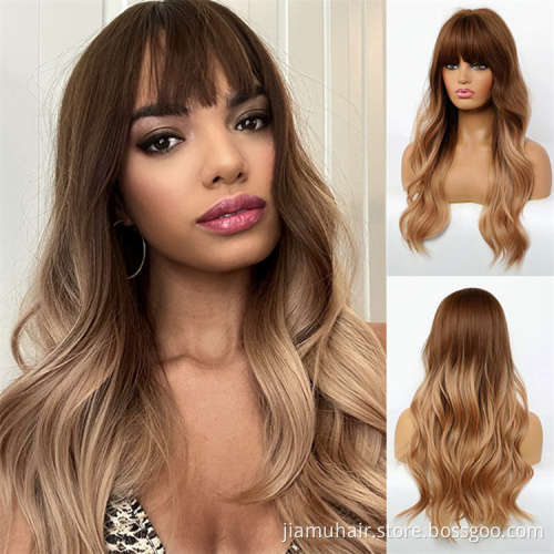 Long Brown Ombre Synthetic Wigs Water Wave Women's Wigs with Bangs Heat Resistant African American Hair